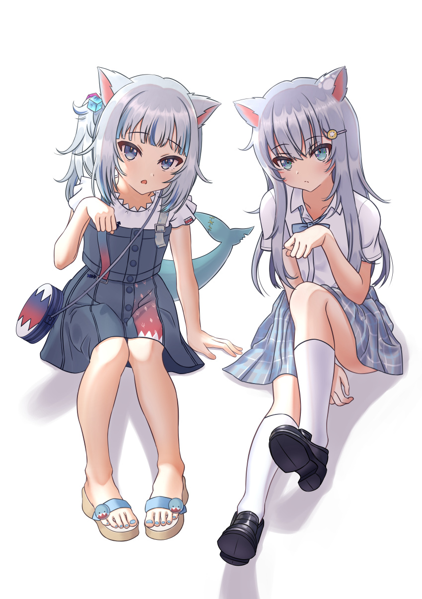 2girls, absurdres, animal_ears, bag, black_footwear, blue_bow, blue_dress, blue_eyes
