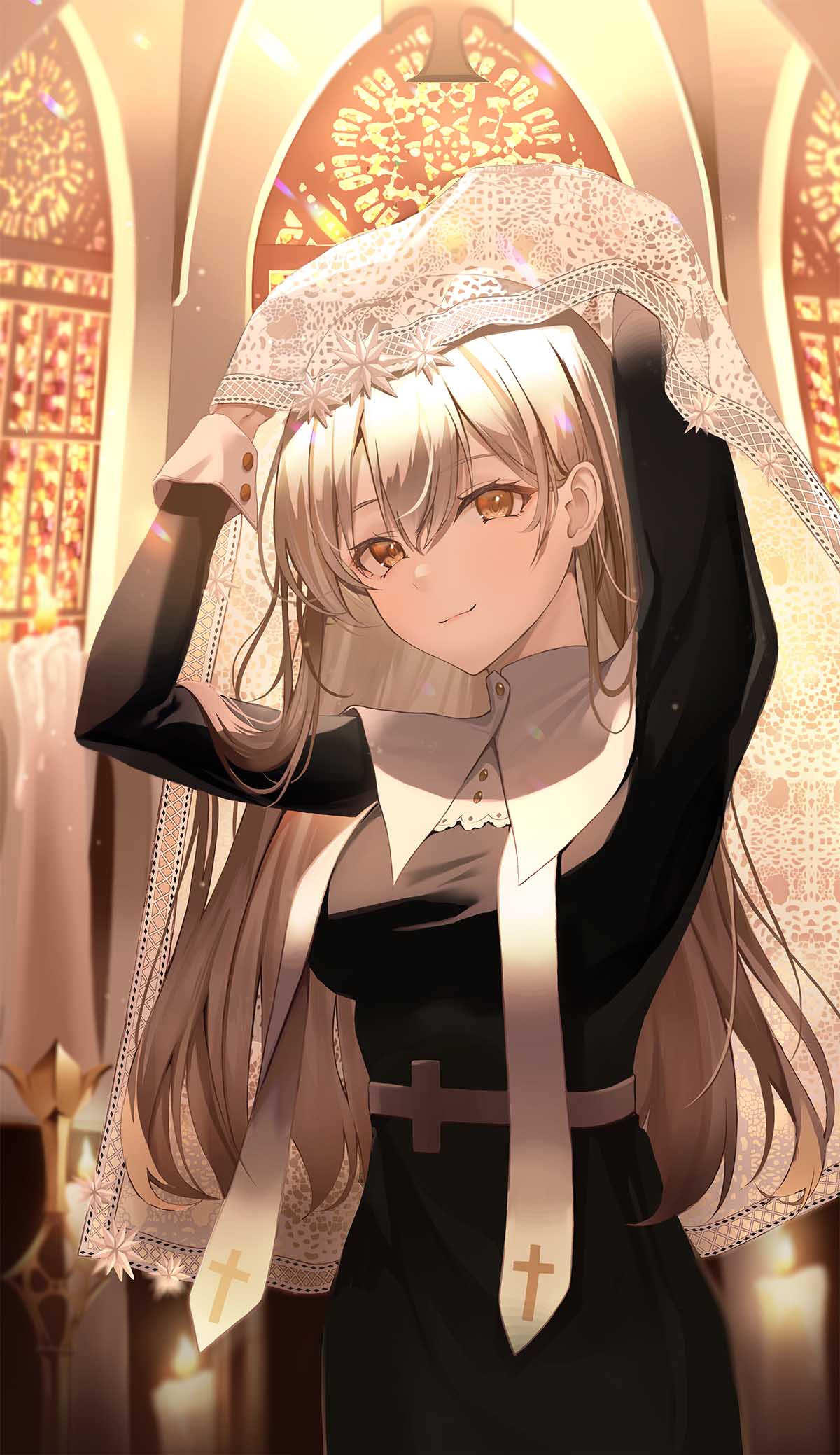 1girl, arms_up, bangs, black_dress, blanc_(blanc97), breasts, brown_hair, closed_mouth