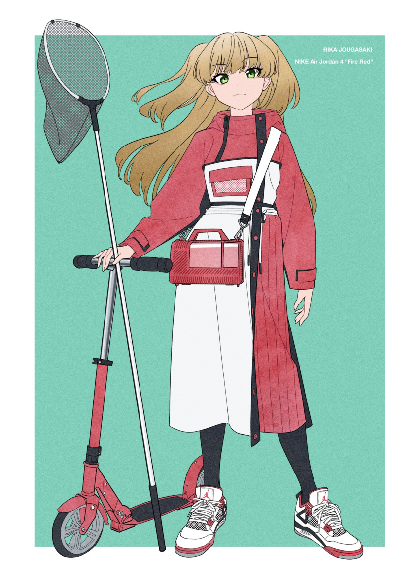 1girl, acubi_tomaranai, air_jordan_4, arm_at_side, bangs, black_legwear, blonde_hair, butterfly_net