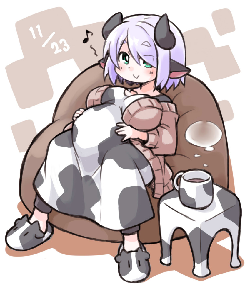 1girl, animal_ears, animal_print, animal_slippers, big_belly, blush, breasts, cardigan