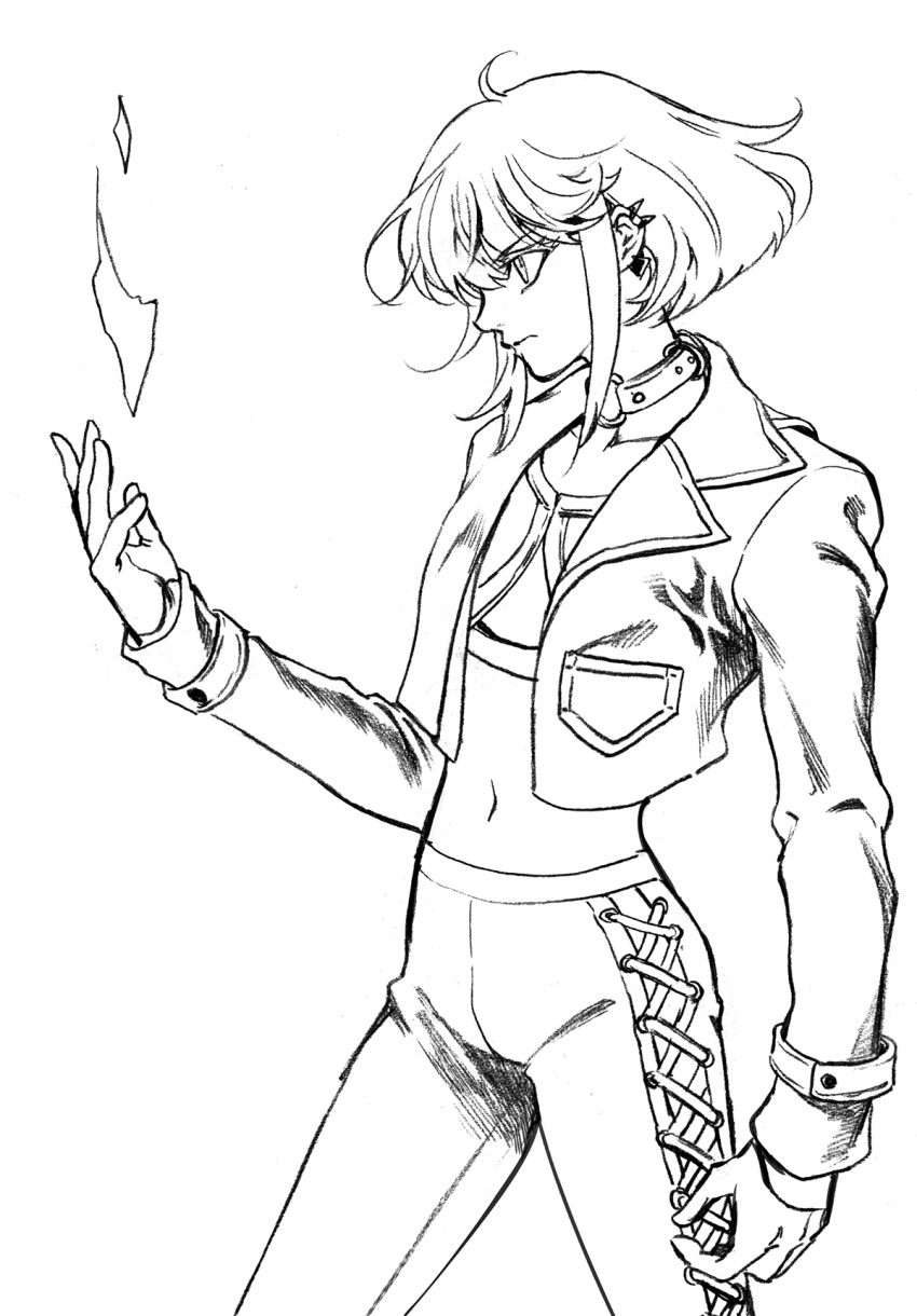 1boy, 302, androgynous, crop_top, cropped_jacket, earrings, fire, greyscale, highres, jewelry, lio_fotia, male_focus, midriff, monochrome, otoko_no_ko, promare, pyrokinesis, sidelocks, solo, stitched_pants