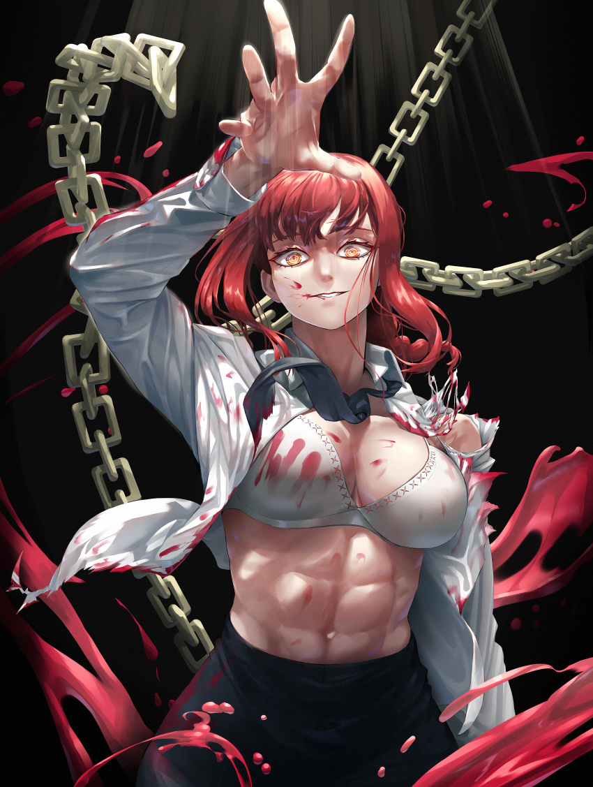 1girl, abs, absurdres, bangs, black_necktie, black_pants, blood, bra