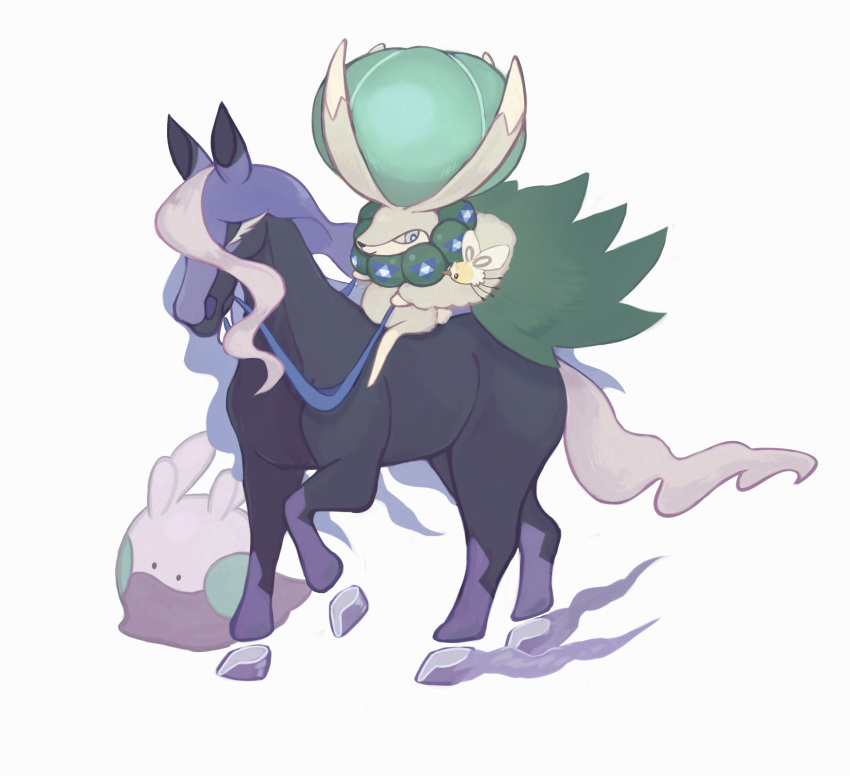 anmitsuya, calyrex, calyrex_(shadow_rider), closed_mouth, commentary_request, cutiefly, goomy, grey_eyes