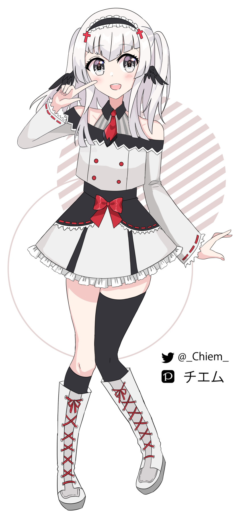 1girl, absurdres, asymmetrical_legwear, bangs, black_wings, buttons, chiem, chiem_(vtuber)