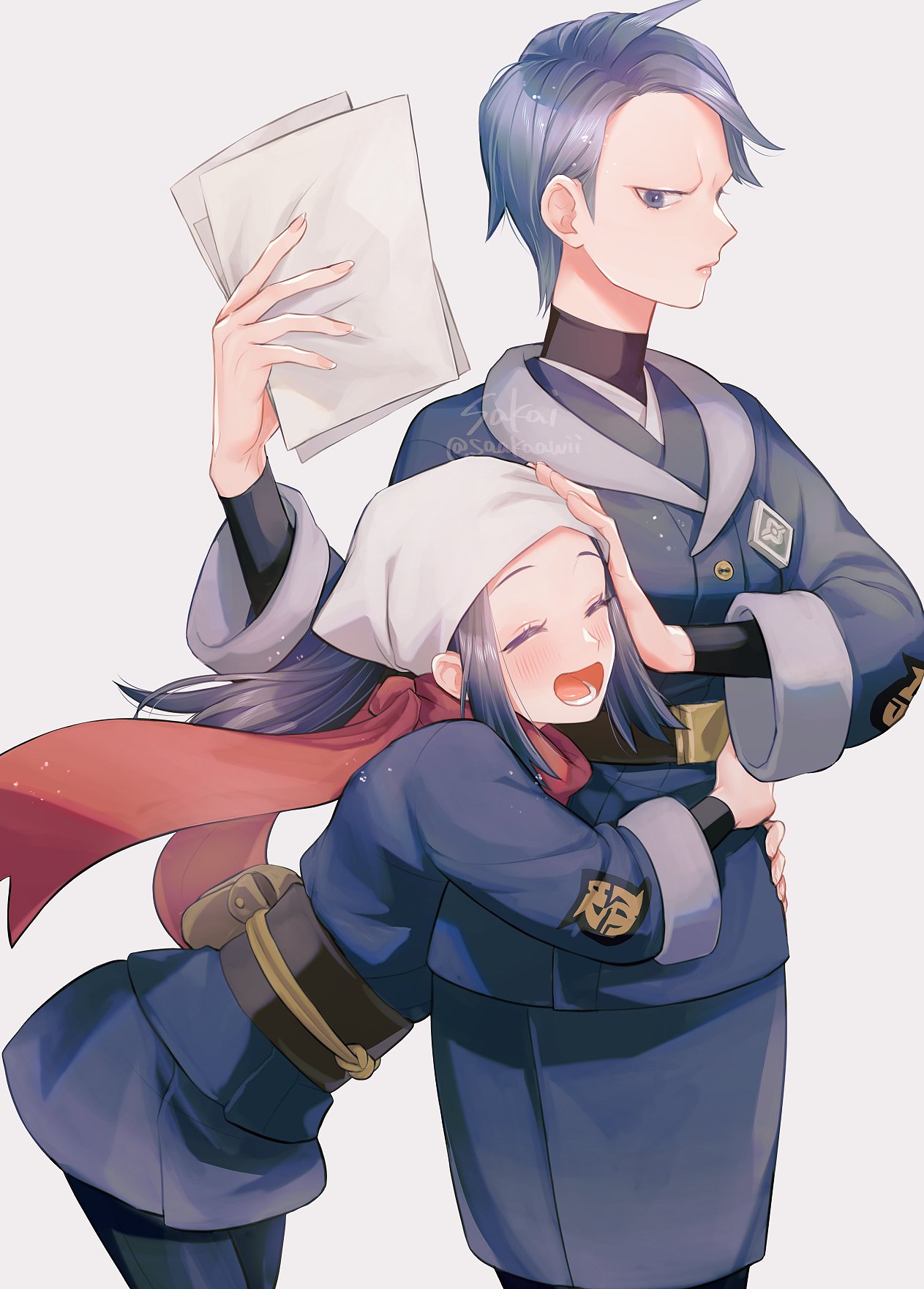 2girls, akari_(pokemon), black_hair, black_legwear, black_shirt, blush, closed_eyes, closed_mouth, commentary_request, cyllene_(pokemon), eyelashes, grey_eyes, grey_hair, grey_jacket, grey_skirt, head_scarf, highres, holding, holding_paper, hug, jacket, long_hair, lower_teeth, multiple_girls, open_mouth, pantyhose, paper, pokemon, pokemon_(game), pokemon_legends:_arceus, ponytail, red_scarf, sakai_(motomei), scarf, shirt, short_hair, sidelocks, signature, skirt, teeth, tongue, twitter_username, watermark, white_headwear