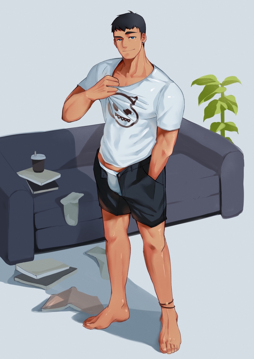 1boy, ankleband, bangs, bare_legs, barefoot, black_hair, black_shorts, blue_eyes