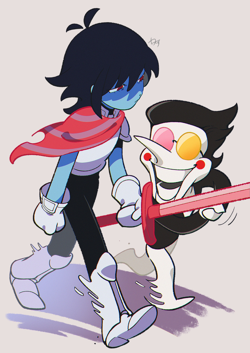 1boy, 1other, armor, armored_boots, asymmetrical_eyewear, bangs, black_bodysuit, black_hair, blue_skin, bodysuit, boots, closed_mouth, colored_skin, commentary_request, deltarune, gloves, grey_background, highres, holding, holding_sword, holding_weapon, knee_boots, kris_(dark_world)_(deltarune), kris_(deltarune), open_mouth, red_eyes, red_scarf, scarf, senjochi_janai, shadow, simple_background, spamton_g._spamton, sunglasses, sword, walking, weapon, white_gloves