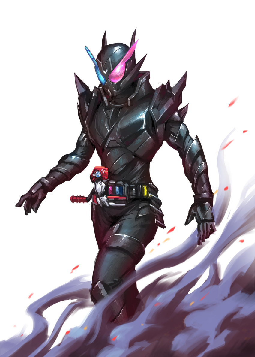 1boy, armor, black_armor, black_background, blue_eyes, build_driver, compound_eyes, cowboy_shot