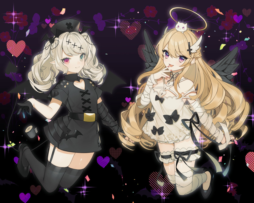 2girls, absurdres, angel_wings, bandages, blonde_hair, demon_girl, demon_horns, demon_tail, demon_wings, grey_eyes, halo, heterochromia, highres, horns, indie_virtual_youtuber, long_hair, looking_at_viewer, mamiya_mao, multiple_girls, pale_skin, reface_music_production, spinel_clanweiss, spinel_clanweiss_(artist), tail, thigh-highs, twintails, violet_eyes, virtual_youtuber, white_hair, wings