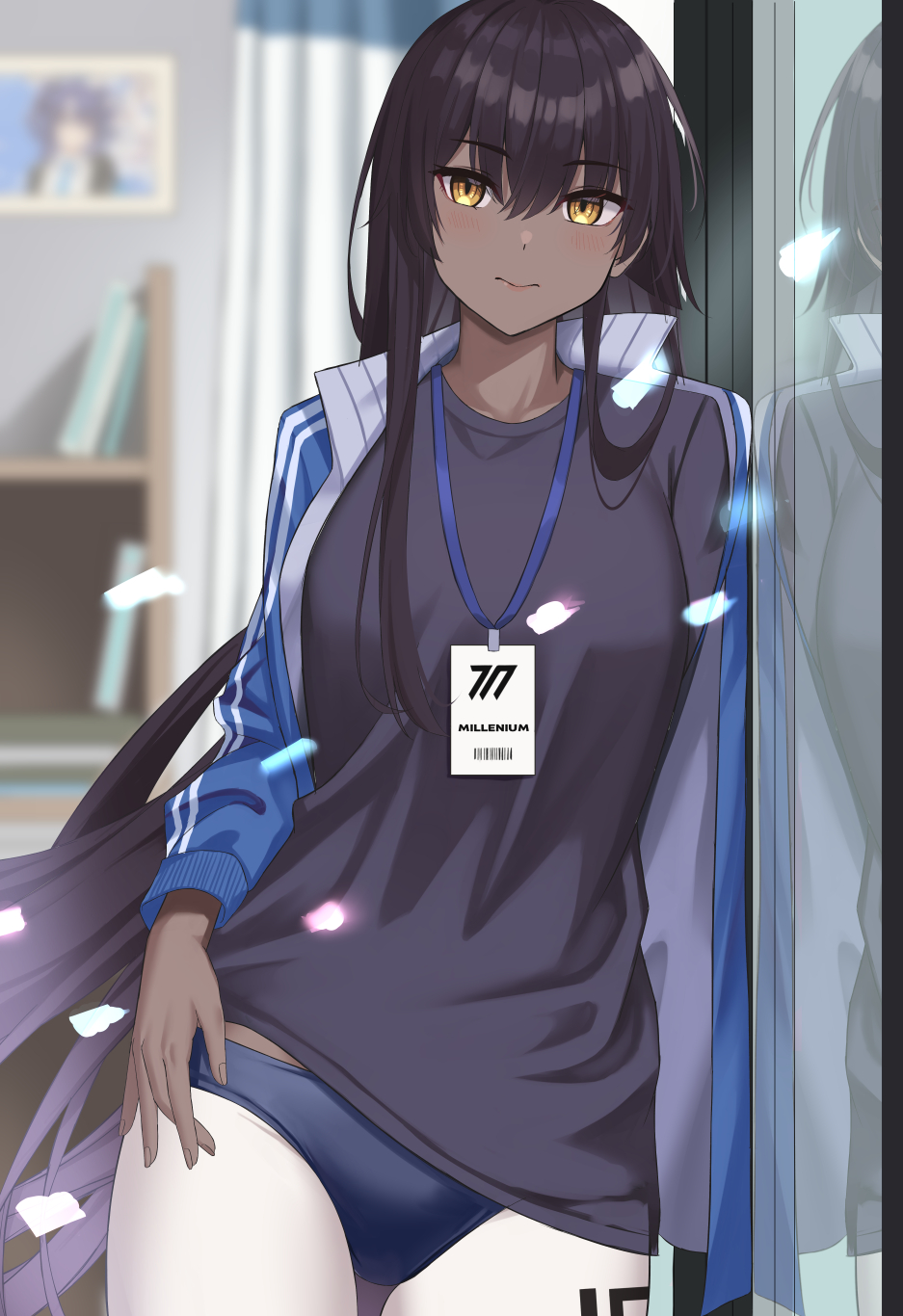 1girl, alternate_costume, alternate_hairstyle, black_hair, blue_archive, cameo, commentary_request, dark-skinned_female