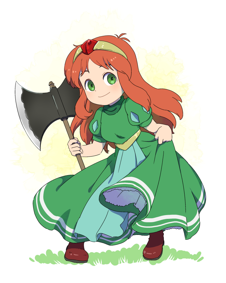 1girl, axe, breasts, closed_mouth, dress, final_fantasy, final_fantasy_mystic_quest, full_body, green_eyes, karen_(ffmq), long_hair, looking_at_viewer, orange_hair, pmpk, simple_background, smile, solo, tiara, weapon