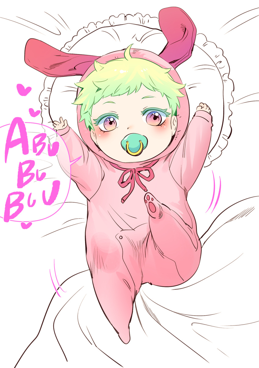 1boy, 302, age_regression, animal_ears, baby, crib, green_hair, highres