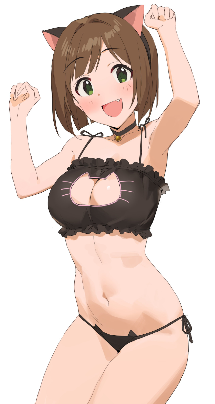 1girl, :d, absurdres, animal_ears, animal_print, arm_up, armpits, black_bra
