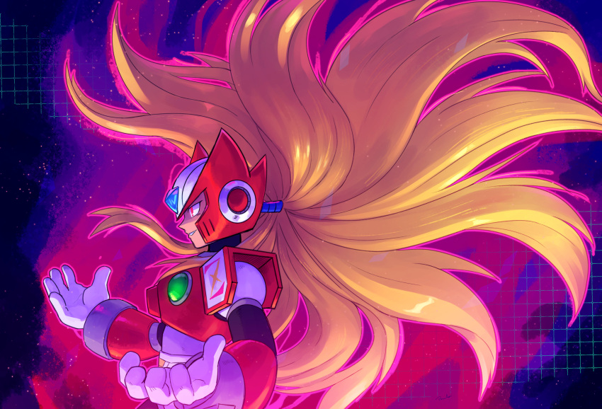 1boy, absurdres, android, armor, blonde_hair, capcom, dark_persona, drawloverlala, helmet, highres, long_hair, male_focus, mega_man_(series), mega_man_x5, mega_man_x_(series), open_hands, profile, red_eyes, smile, solo, very_long_hair, zero_(mega_man)