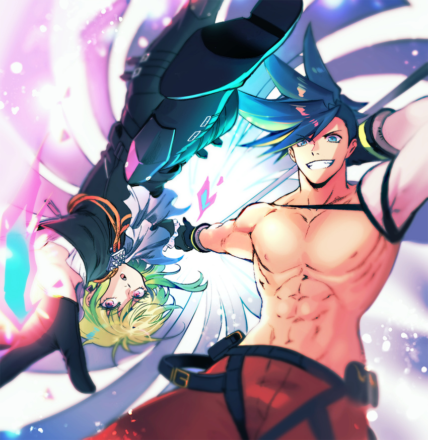 2boys, 302, black_gloves, black_jacket, blue_fire, blue_hair, blurry, depth_of_field