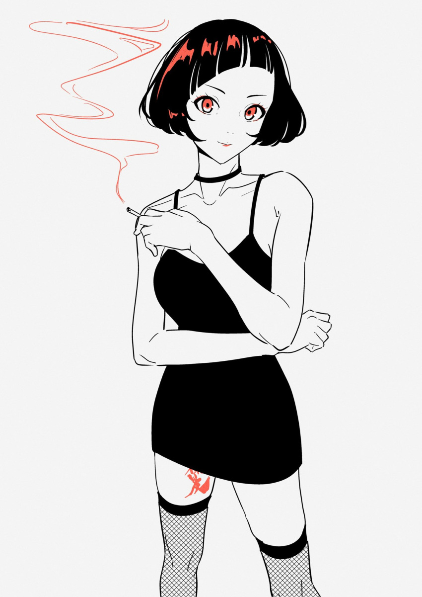 1girl, acubi_tomaranai, bare_shoulders, breasts, choker, cigarette, collarbone, dress, fishnet_legwear, fishnets, greyscale, highres, holding, holding_cigarette, leg_tattoo, lips, looking_at_viewer, monochrome, original, shiny, shiny_hair, short_hair, sleeveless, sleeveless_dress, small_breasts, smoke, solo, spot_color, standing, tattoo, thigh-highs