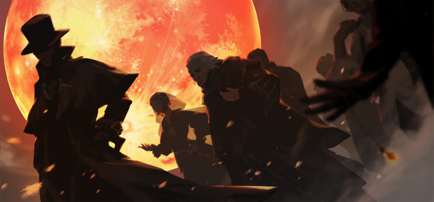 2girls, 2others, 4boys, beard, beikejiedeaimili, black_coat, black_jacket, black_robe