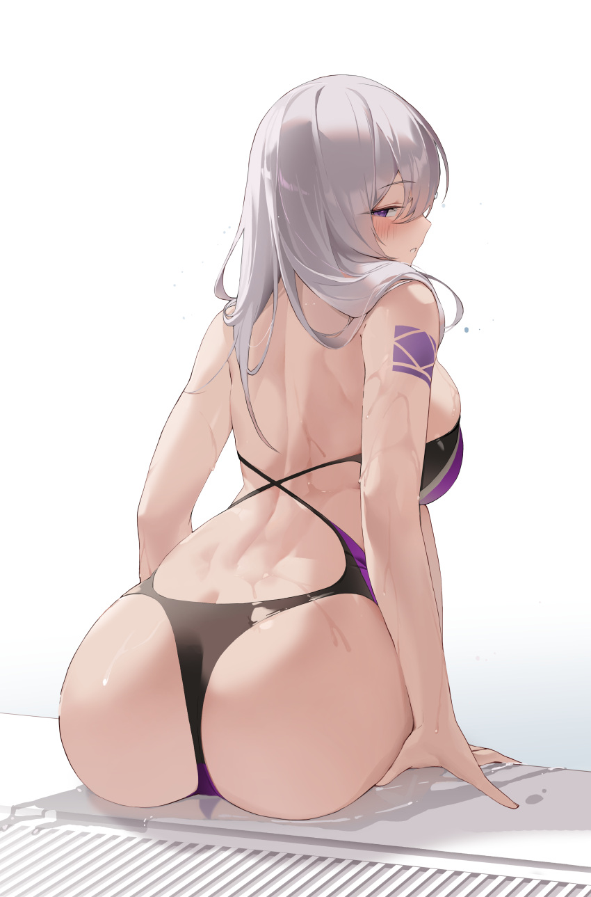 1girl, absurdres, arched_back, ass, back, bare_arms, bare_shoulders, black_swimsuit, breasts, choyeon, commentary, english_commentary, from_behind, half-closed_eyes, highres, large_breasts, long_hair, looking_at_viewer, looking_back, one-piece_swimsuit, original, parted_lips, profile, shoulder_tattoo, sitting, skindentation, solo, swimsuit, tattoo, violet_eyes, wet, white_hair