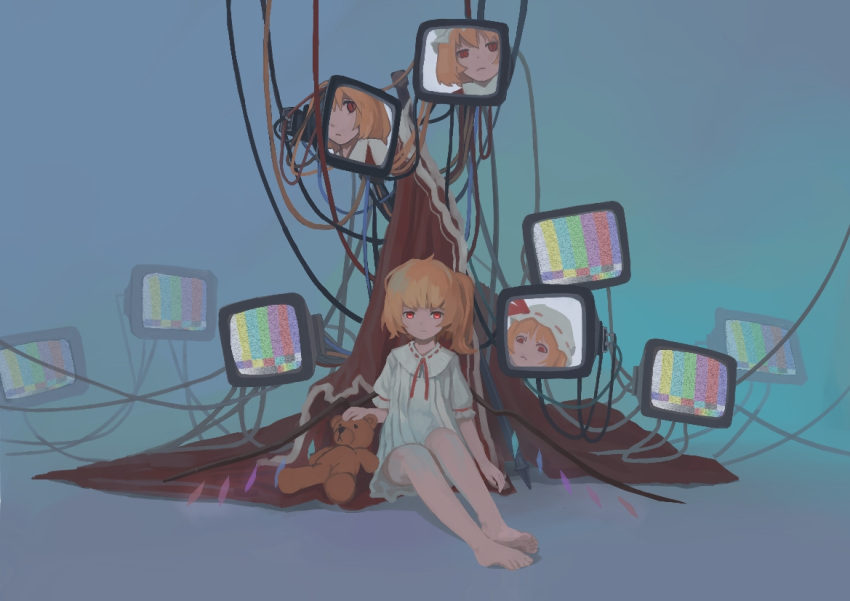 1girl, :<, adapted_costume, arm_at_side, bangs, barefoot, blonde_hair, blunt_bangs