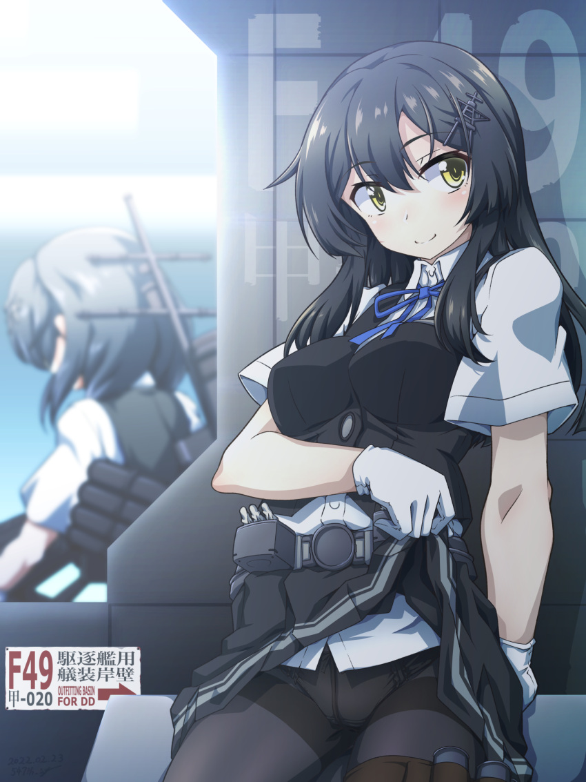 2girls, 547th_sy, black_hair, black_legwear, black_skirt, black_vest, blue_neckwear, breasts