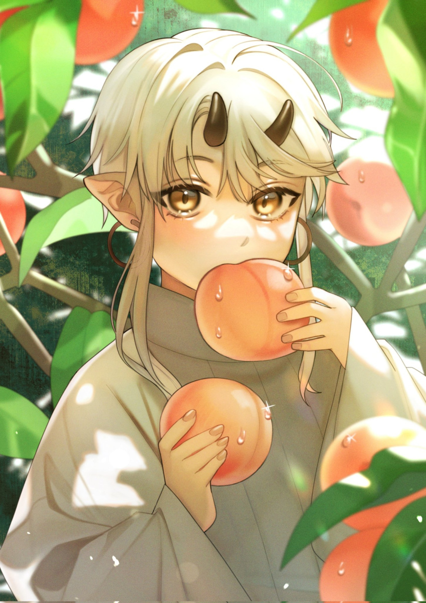 1600pommsky, 1girl, bangs, blonde_hair, blush, brown_eyes, day, earrings