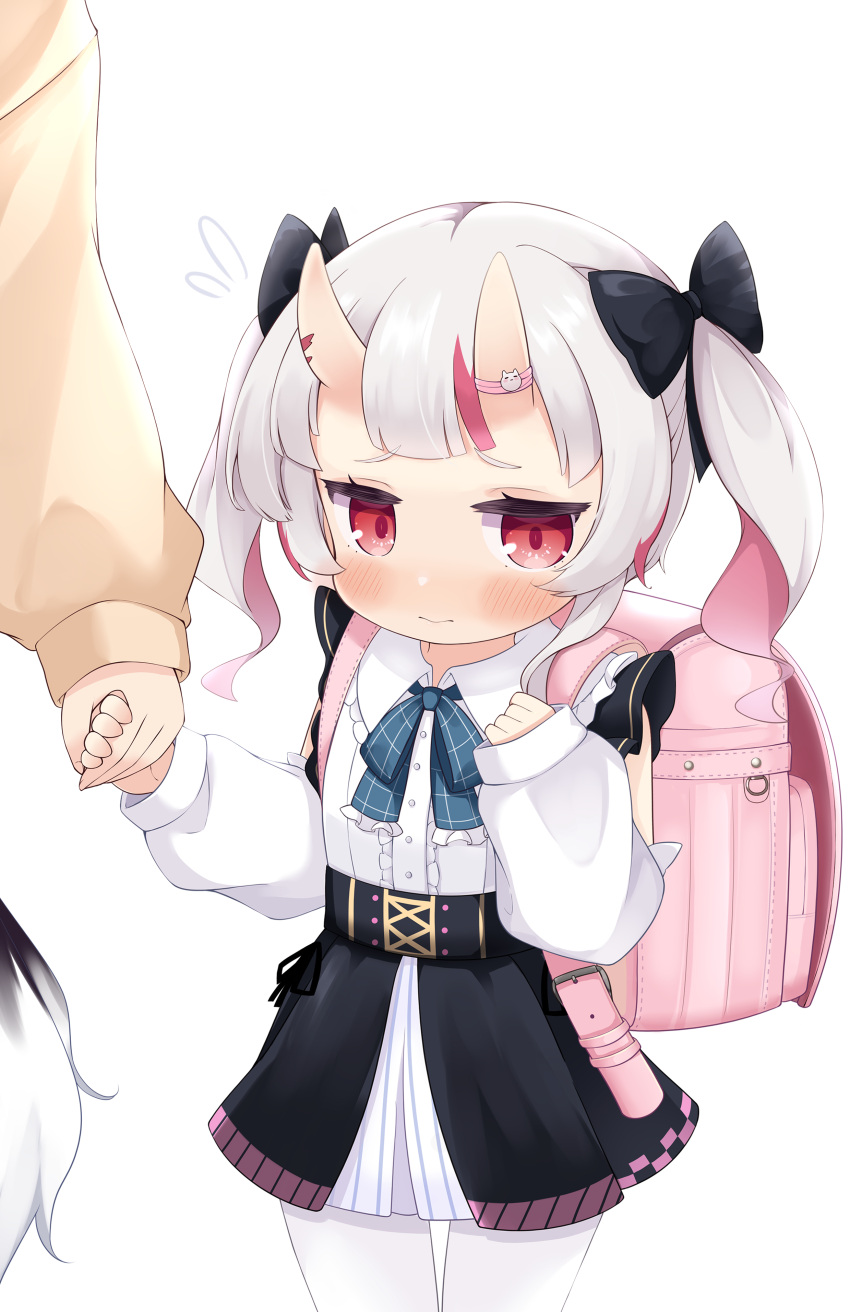 2girls, absurdres, backpack, bag, bangs, black_bow, blush, bow