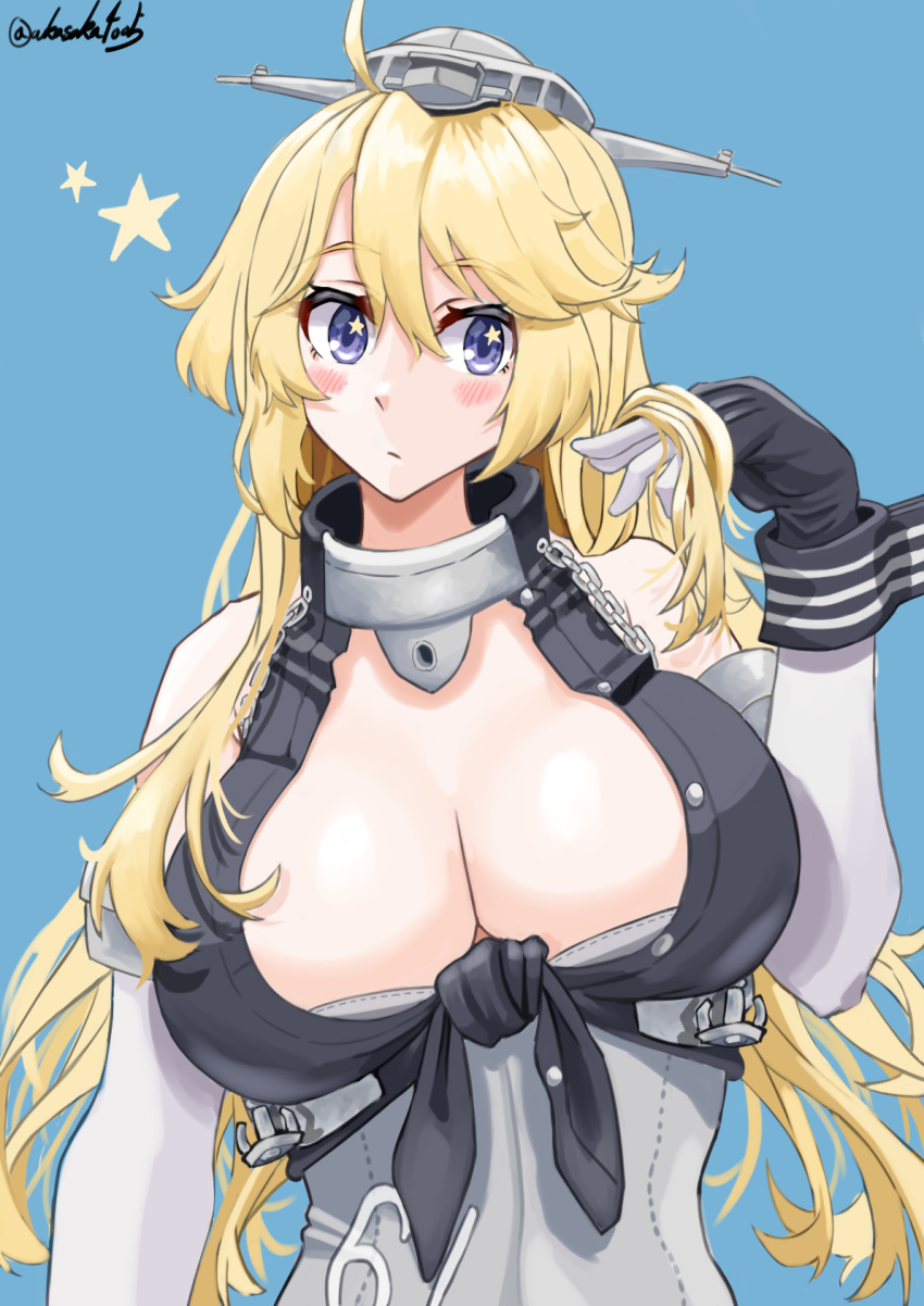 1girl, akasaka4005, blonde_hair, blue_background, blue_eyes, breasts, corset, elbow_gloves