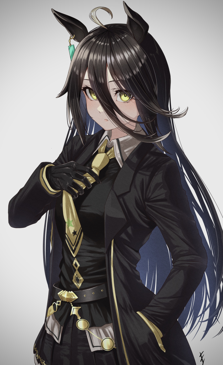 1girl, absurdres, adjusting_clothes, adjusting_necktie, ahoge, animal_ears, belt, black_gloves