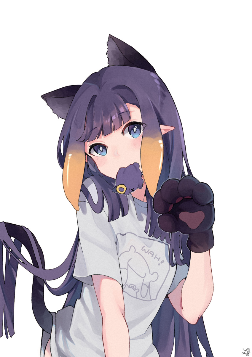 1girl, absurdres, animal_ears, animal_hands, bangs, blonde_hair, blue_eyes, blush, cat_ears, cat_tail, commentary, extra_ears, eyebrows_visible_through_hair, gloves, grey_shirt, hand_up, highres, hololive, hololive_english, long_hair, looking_at_viewer, lucferz, mole, mole_under_eye, mouth_hold, multicolored_hair, ninomae_ina'nis, paw_gloves, paw_pose, pointy_ears, purple_hair, shirt, short_sleeves, simple_background, solo, streaked_hair, tail, tako_(ninomae_ina'nis), upper_body, very_long_hair, white_background
