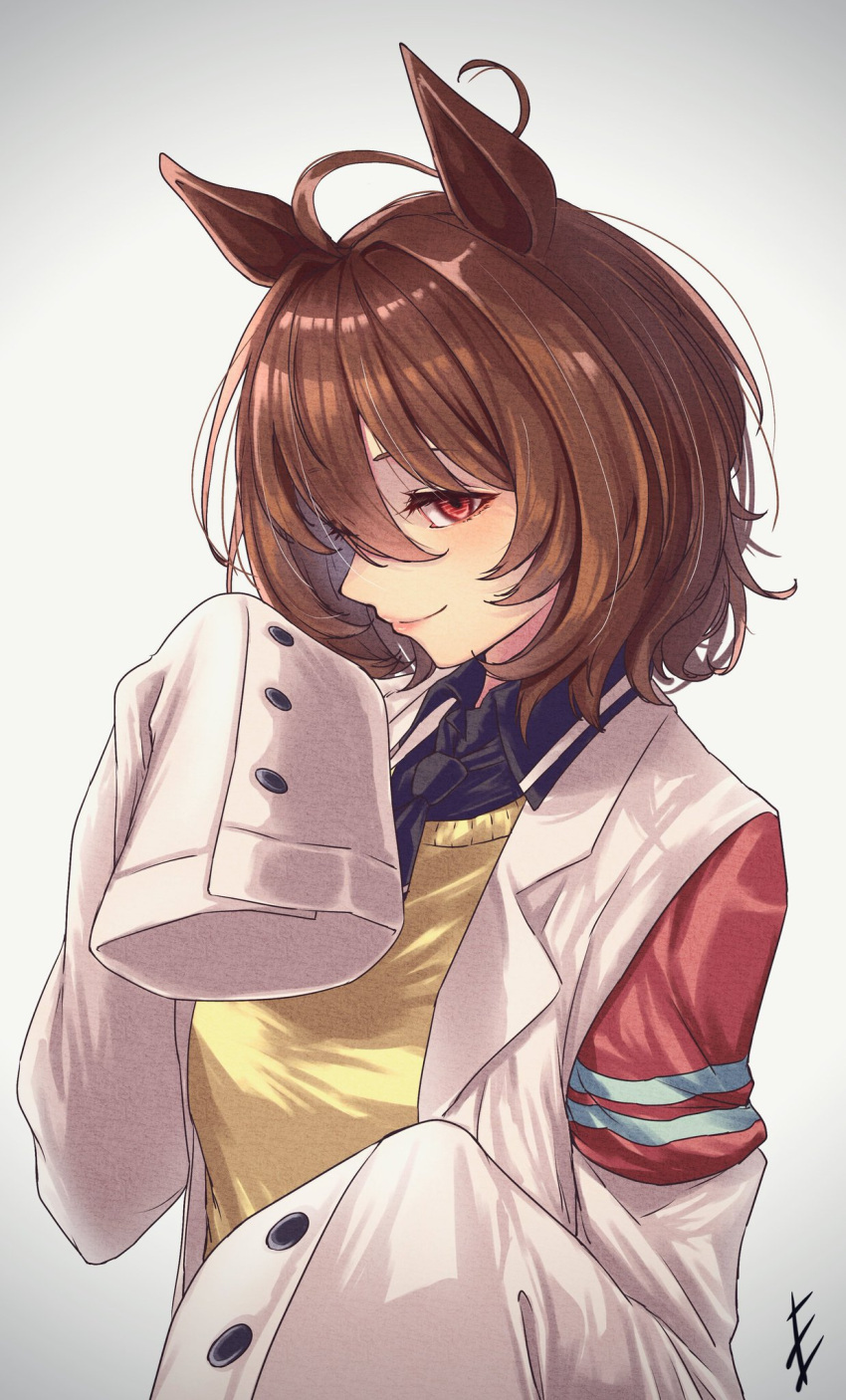 1girl, agnes_tachyon_(umamusume), ahoge, animal_ears, breasts, collared_shirt, end_syuuuu, hair_between_eyes