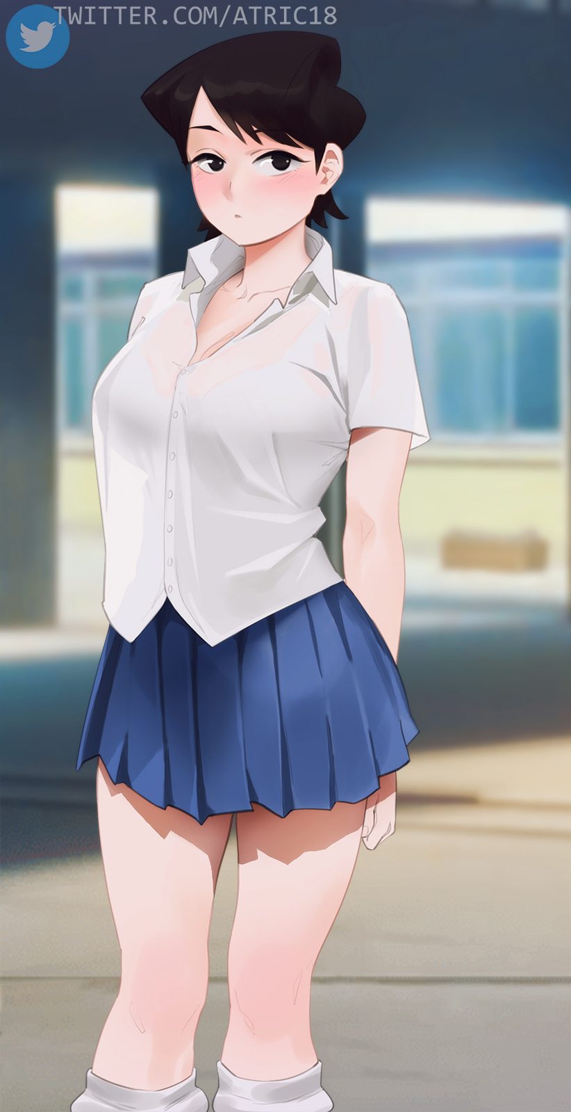 1girl, arms_behind_back, artist_name, atric18, black_eyes, black_hair, blue_skirt, blurry