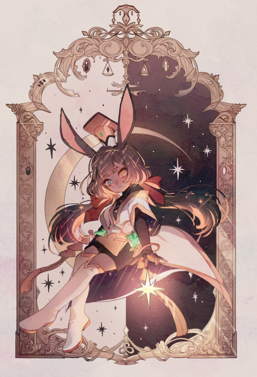 1girl, animal_ears, brown_hair, dongbaegsi, grey_eyes, heterochromia, highres, long_hair, looking_to_the_side, lord_of_heroes, mei_ling_qiao, pale_skin, polearm, rabbit_ears, rabbit_girl, red_eyes, sky, solo, star_(sky), star_(symbol), starry_sky, weapon