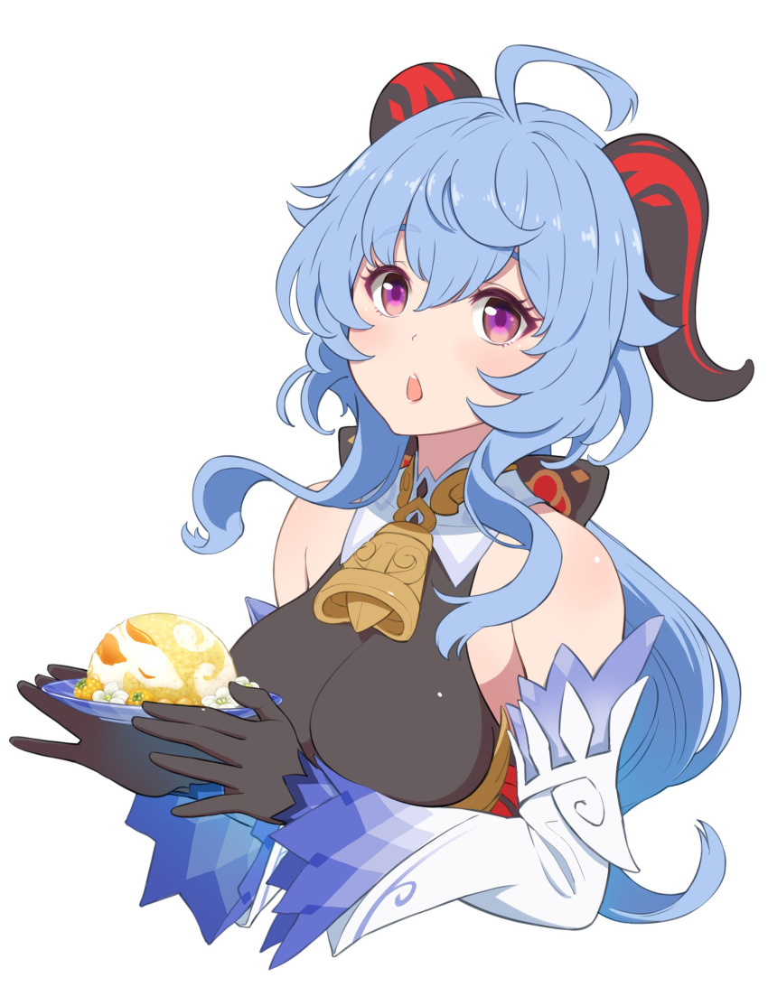 1girl, absurdres, ahoge, bangs, bare_shoulders, bell, black_gloves, blue_hair, blush, bow, breasts, chestnut_mouth, detached_sleeves, eyebrows_visible_through_hair, food, ganyu_(genshin_impact), genshin_impact, gloves, gold_trim, highres, holding, holding_food, horns, long_hair, looking_at_viewer, low_ponytail, medium_breasts, neck_bell, prosperous_peace_(genshin_impact), sidelocks, solo, upper_body, violet_eyes, warabi_yuuzou, white_background, white_sleeves