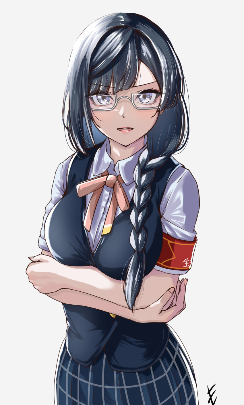 1girl, absurdres, armband, bangs, black_hair, black_vest, bow, bowtie