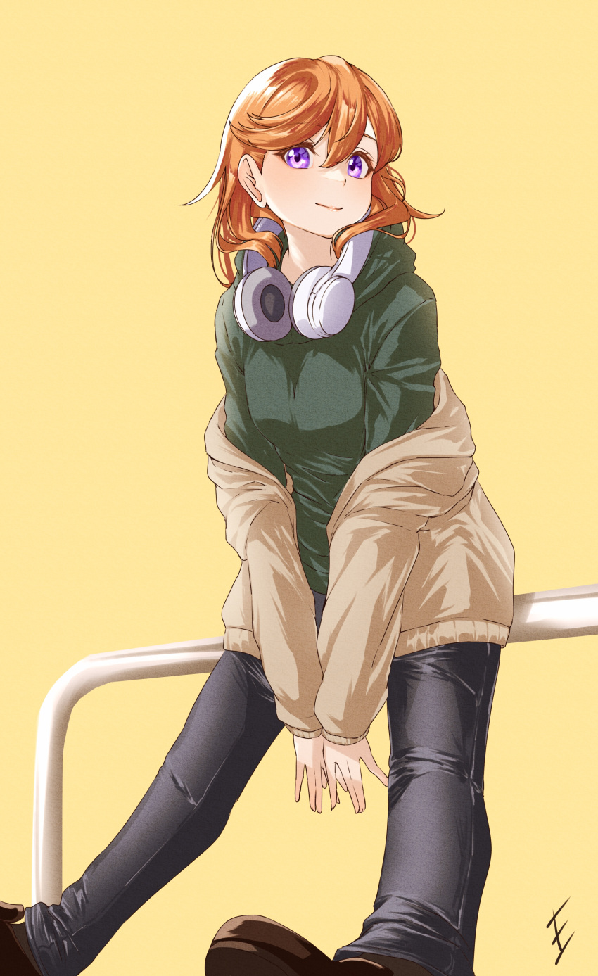 1girl, absurdres, brown_footwear, end_syuuuu, green_hoodie, hair_between_eyes, headphones, highres, hood, hoodie, leaning_forward, loafers, looking_at_viewer, love_live!, love_live!_superstar!!, medium_hair, orange_hair, shibuya_kanon, shoes, smile, solo, tan_sweater, v_arms, violet_eyes, yellow_background