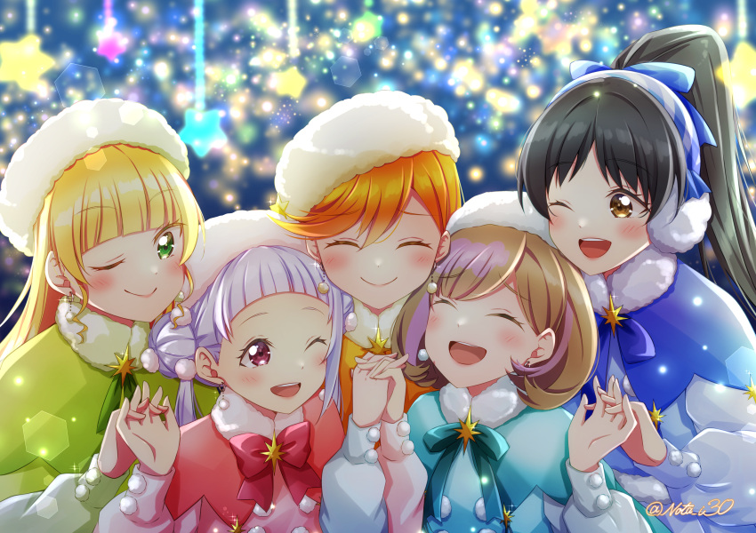 5girls, absurdres, arashi_chisato, bangs, black_hair, blonde_hair, blush, brown_eyes, closed_eyes, commentary, double_bun, earrings, english_commentary, green_eyes, hat, hazuki_ren, heanna_sumire, high_ponytail, highres, jewelry, light_brown_hair, long_hair, love_live!, love_live!_superstar!!, multiple_girls, nota_ika, one_eye_closed, orange_hair, ponytail, red_eyes, shibuya_kanon, short_hair, smile, starlight_prologue, tang_keke, twitter_username, white_hair