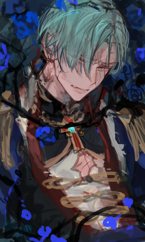 1boy, blue_eyes, blue_hair, bound, charles_iii_(lord_of_heroes), flower, formal, frown
