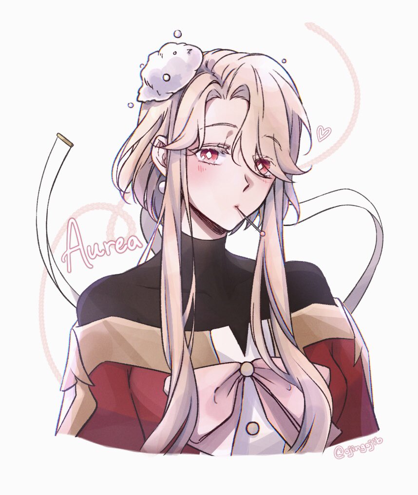 1girl, androgynous, aurea_(lord_of_heroes), blonde_hair, blush, bob_cut, hair_ornament, heart