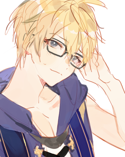 1boy, blonde_hair, blue_eyes, glasses, head_tilt, hood, hood_down, johan_talede, kuzuvine, looking_at_viewer, lord_of_heroes, male_focus, pale_skin, sleeveless, solo