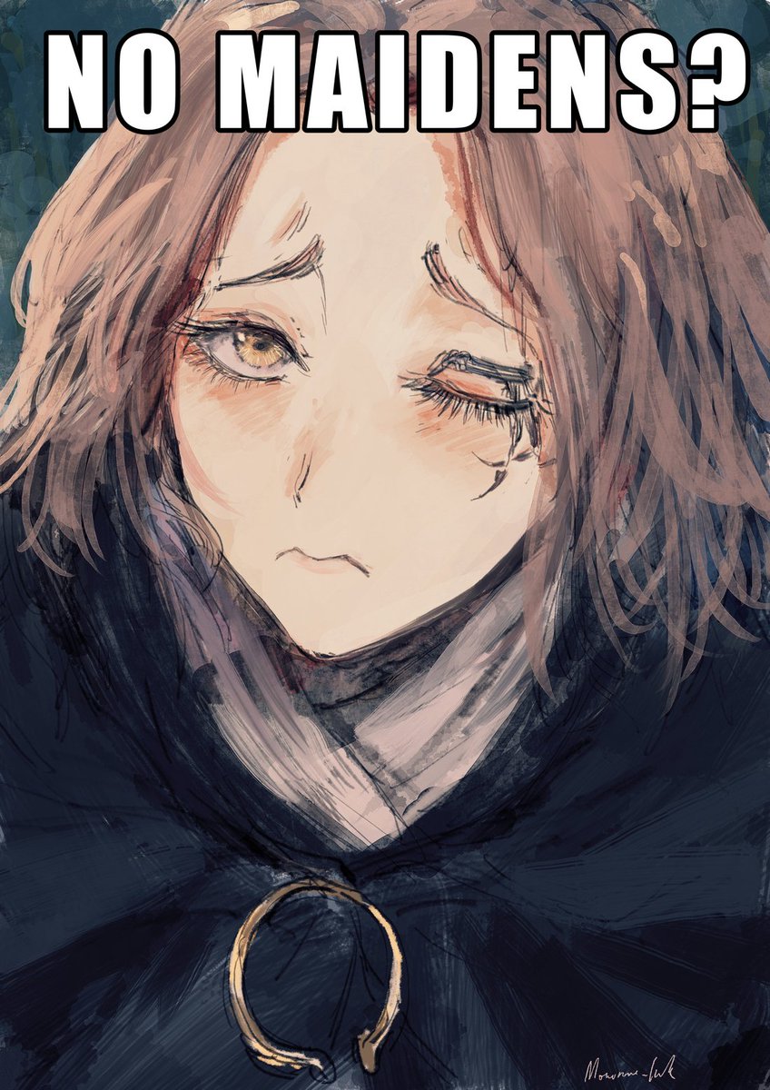 1girl, black_cloak, blush, brown_hair, cloak, closed_mouth, commentary, elden_ring, english_commentary, highres, impact_(font), looking_at_viewer, melina_(elden_ring), meme, monotone_ink, no_bitches?_(meme), one_eye_closed, pout, signature, solo, upturned_eyes, yellow_eyes