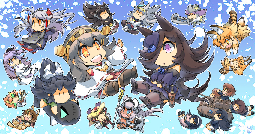 6+girls, akiyama_yukari, animal_ears, arm_guards, azur_lane, black_hair, blonde_hair, blue_eyes