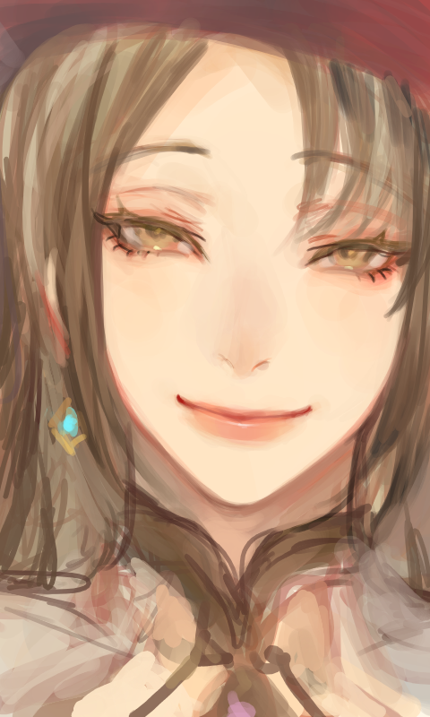 1girl, brown_eyes, brown_hair, cesaire_alteon, earrings, hat, jewelry, kuzuvine, long_hair, looking_at_viewer, lord_of_heroes, pale_skin, smile