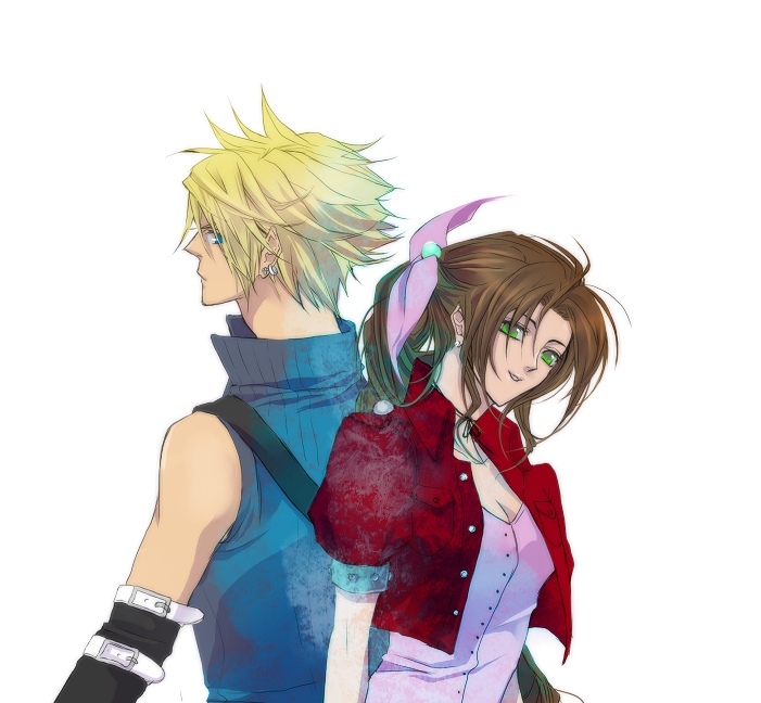aerith_gainsborough, blonde_hair, blue_eyes, brown_hair, cloud_strife, couple, dress, earrings