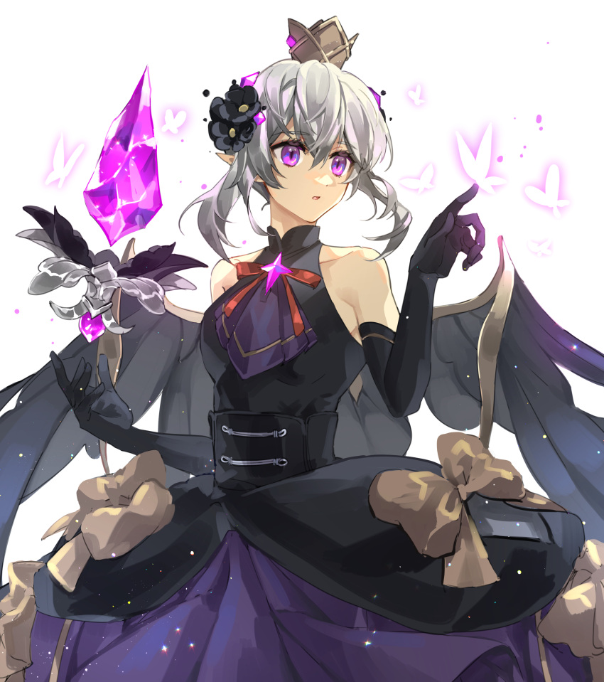 1girl, absurdres, blonde_hair, bob_cut, bug, butterfly, charlotte_grace, crown, dress, elf, gem, gloves, gothic_lolita, highres, lolita_fashion, looking_to_the_side, lord_of_heroes, narugrm, pale_skin, pointy_ears, sleeveless, violet_eyes, white_background, wings