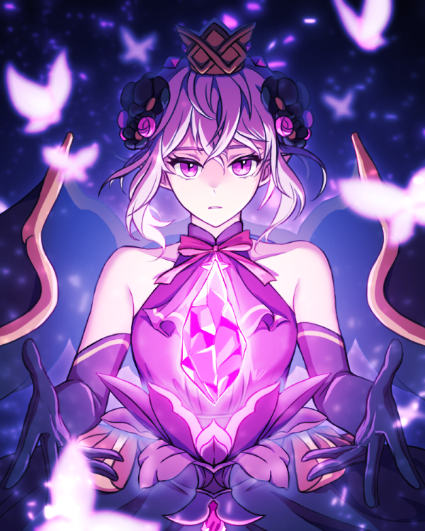 1girl, bbogeul_utakata, charlotte_grace, crown, dress, gem, gloves, looking_ahead, looking_at_viewer, lord_of_heroes, pale_skin, purple_hair, short_hair, sleeveless, solo, violet_eyes