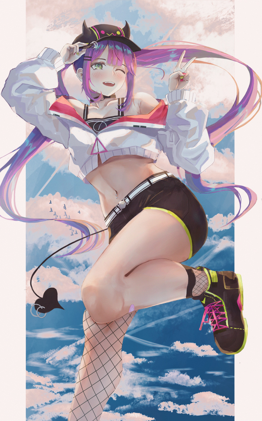 1girl, bandaid, bandaid_on_leg, baseball_cap, belt, bird, black_shorts, clouds