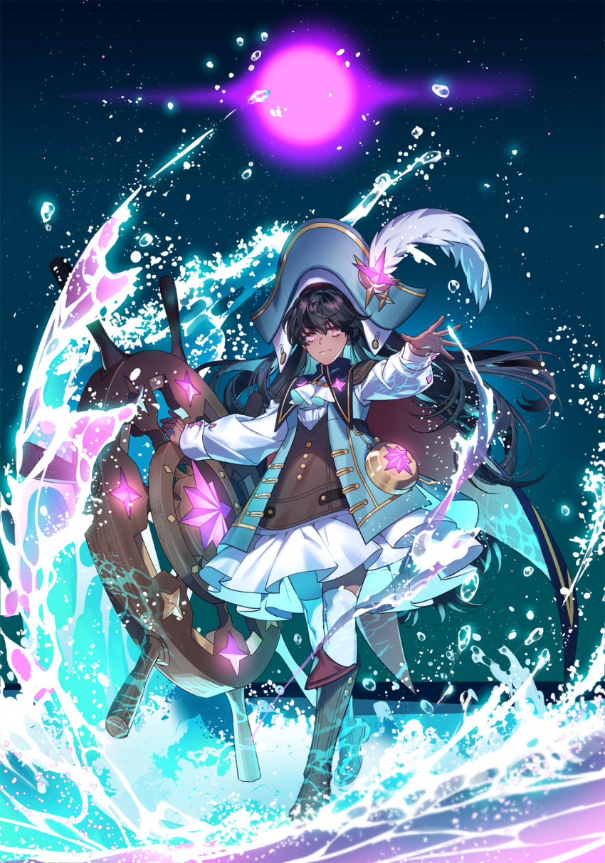 1girl, black_hair, hat, highres, looking_ahead, looking_at_viewer, lord_of_heroes, moon