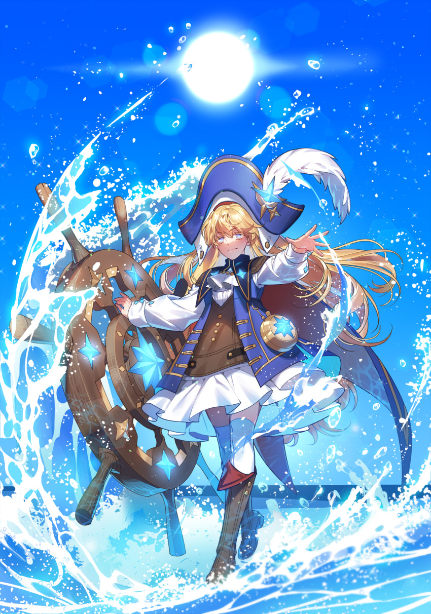 1girl, blonde_hair, blue_eyes, blue_sky, blush, boots, hat, highres