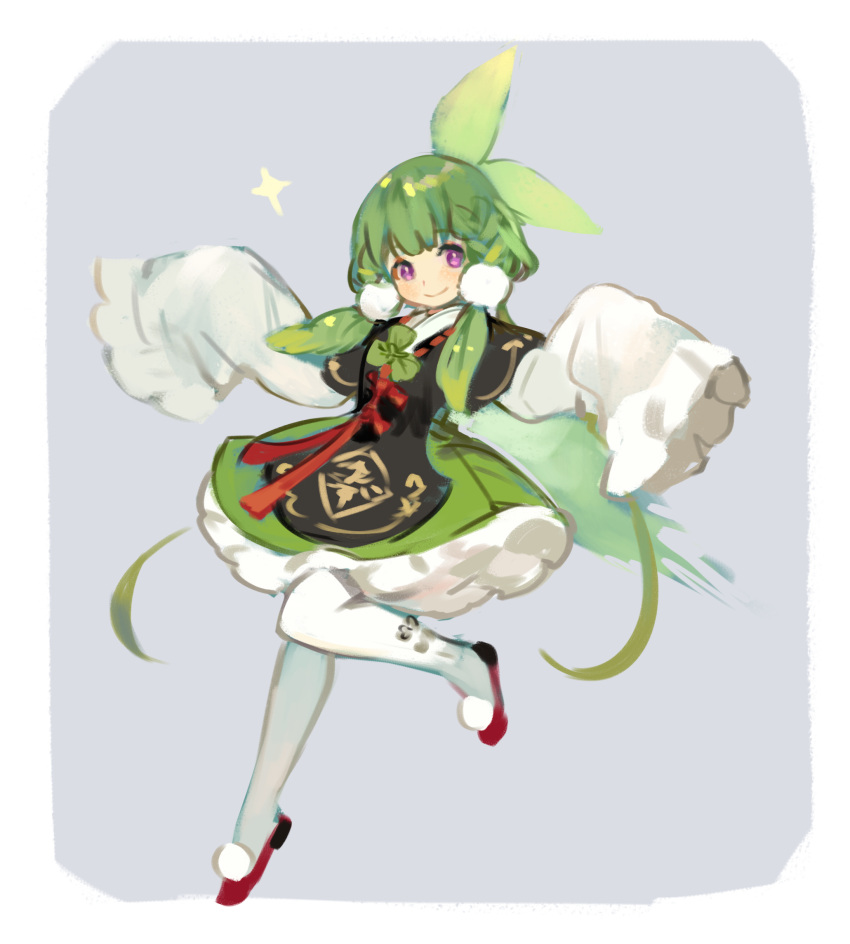 1girl, blush, bow, cannae_le_fey, dress, full_body, green_hair, hair_bow, hair_ornament, highres, kuzuvine, looking_at_viewer, lord_of_heroes, oversized_clothes, pale_skin, smile, violet_eyes, white_legwear