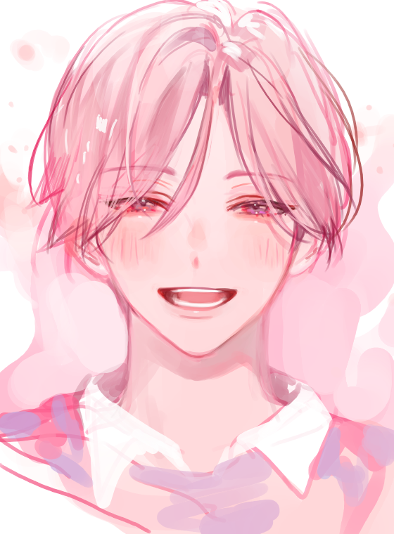 1boy, blush, collared_shirt, joshua_levinth, kuzuvine, looking_at_viewer, lord_of_heroes, pale_skin, pink_eyes, pink_hair, shirt, smile, white_background, white_shirt